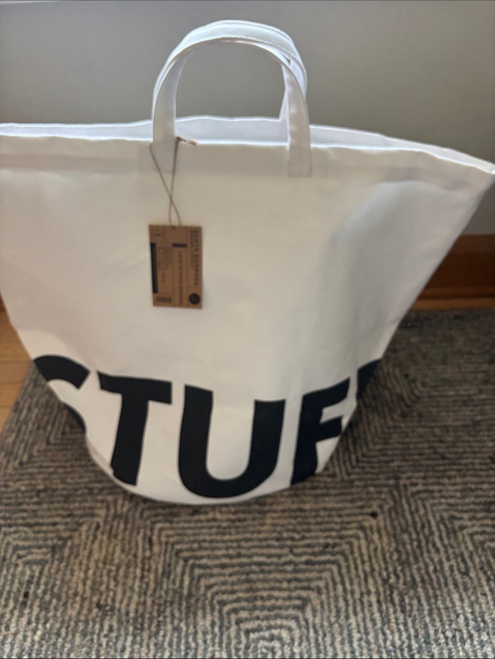 White Canvas Tote Bag with Bold Black "STUFF" Print Santa Barbara NWT